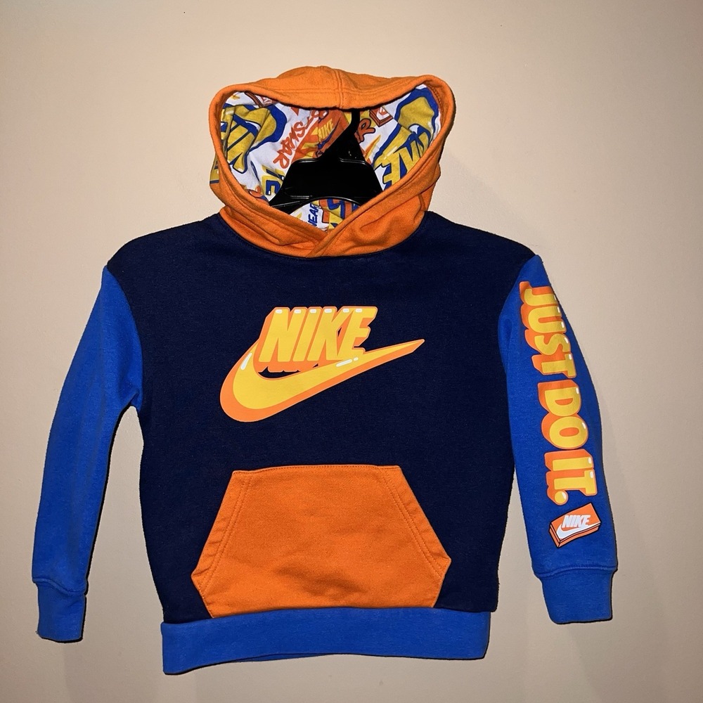 Nike Hoodie Logo Youth Small 5 Blue Yellow Graphic Fleece Pullover Sweatshirt S